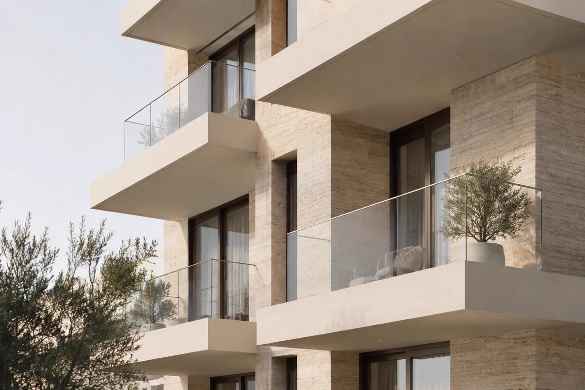 Moderne Wohnhausfassade in München mit Natursteinflächen und umlaufenden Balkonen