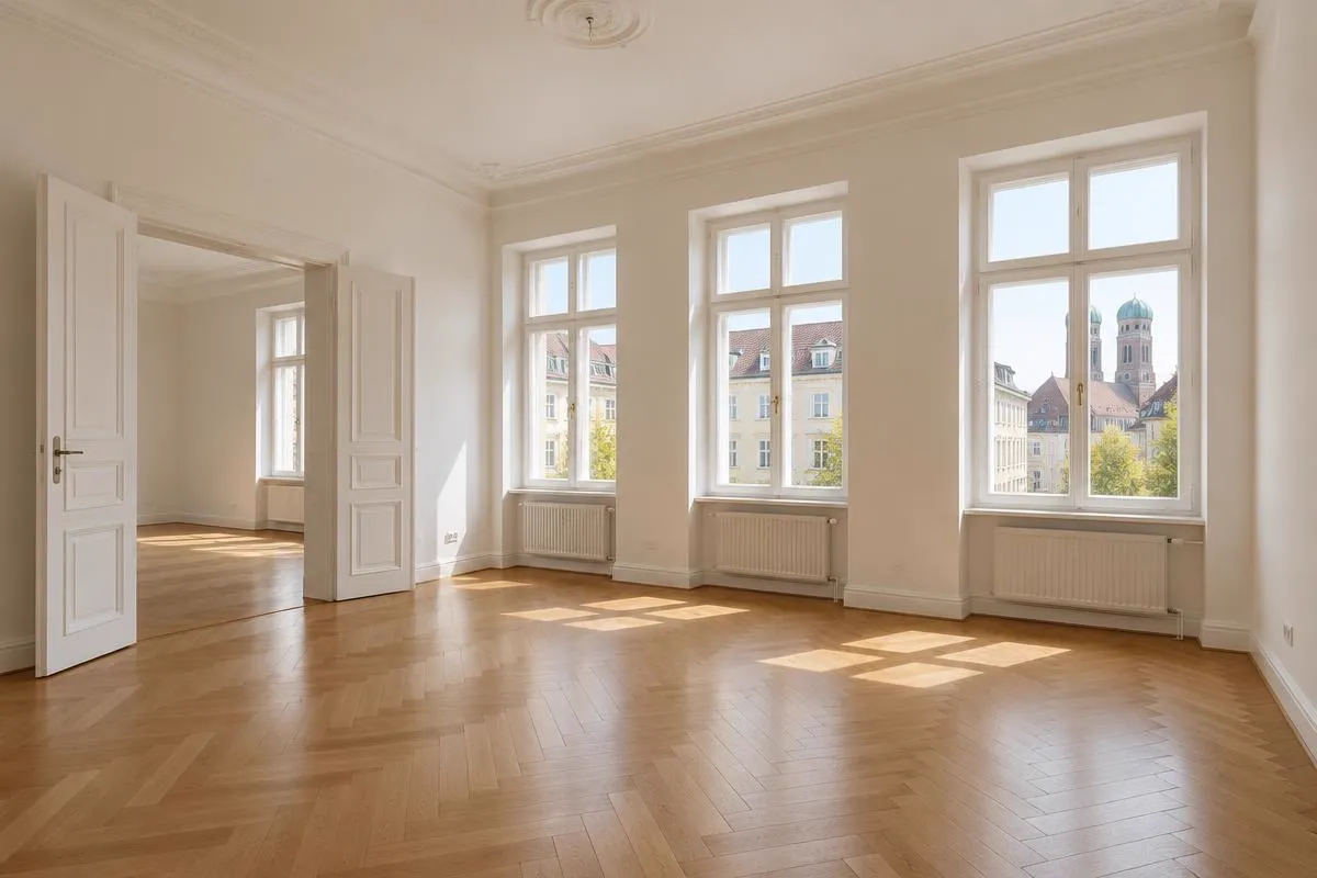 Leere, helle Mietwohnung in München mit Fischgrätparkett und Blick auf die Frauenkirche