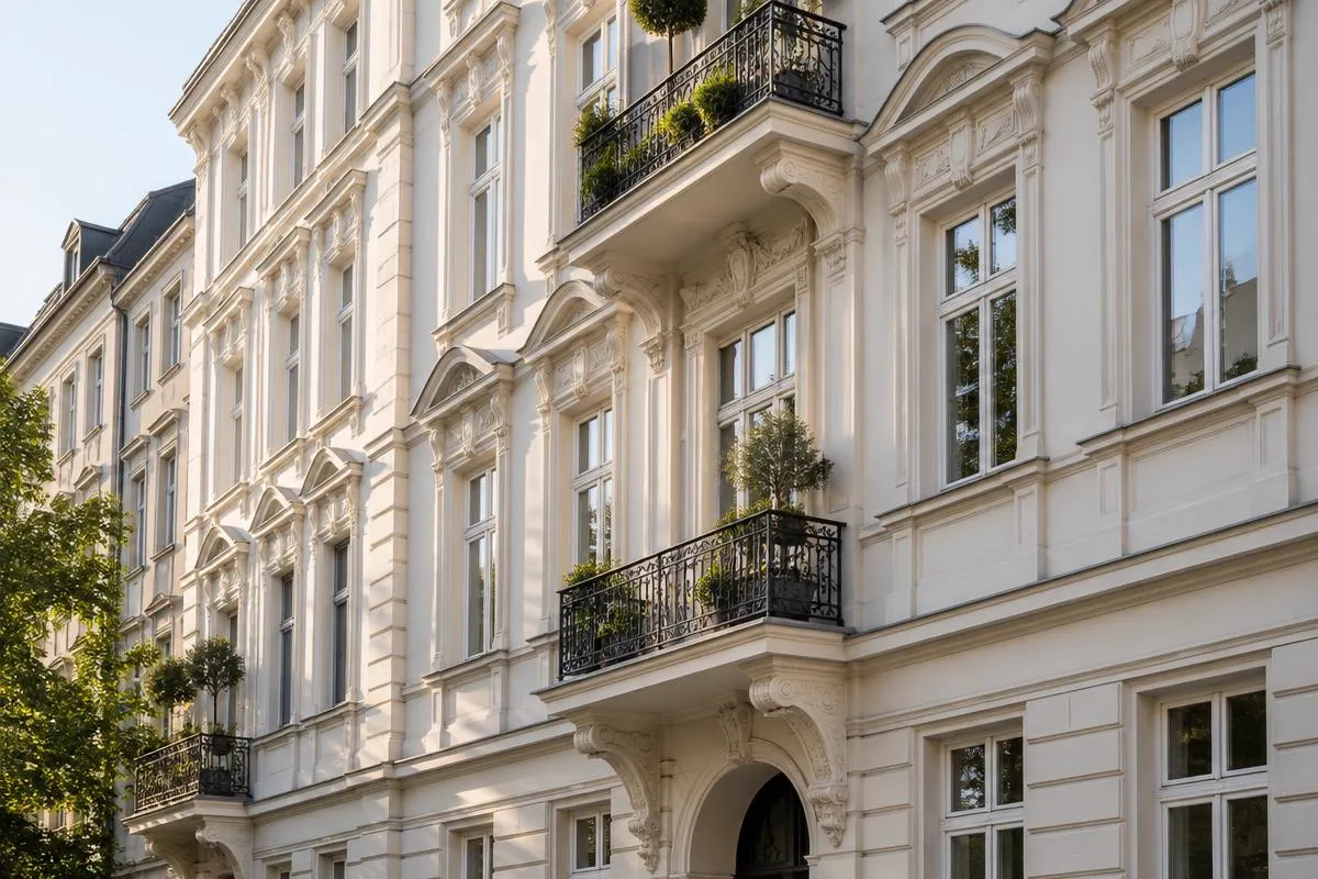 Helle Altbaufassade eines Münchner Mehrfamilienhauses mit Stuckdetails und Balkonen