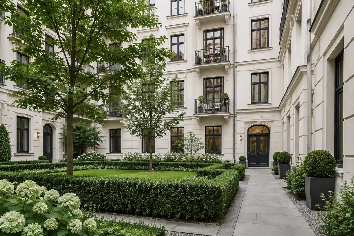 Gepflegter Innenhof einer Münchner Wohnungseigentümergemeinschaft mit Hecken und Hauseingang